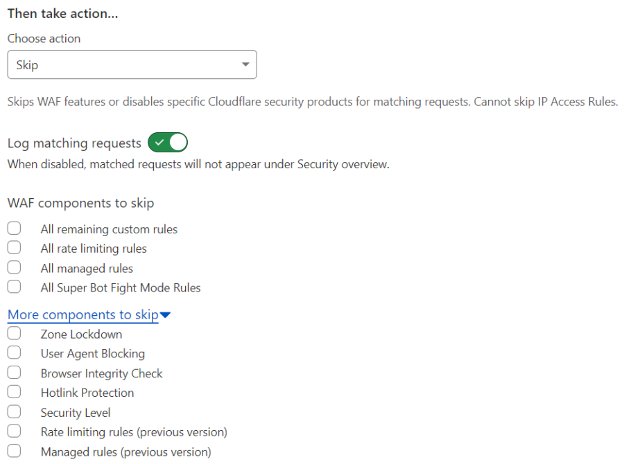 Available Skip action options when configuring a custom rule